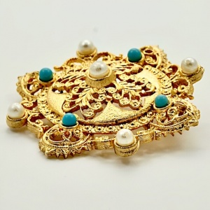 Gold Plated Ornate Faux Turquoise Faux Pearl Brooch circa 1980s